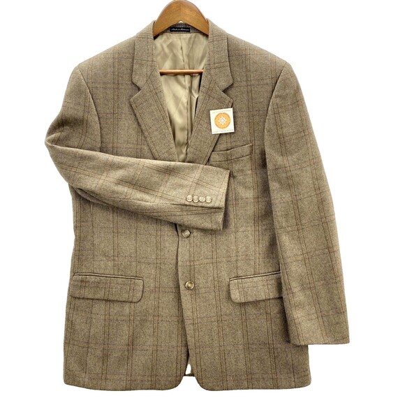 Club Room Blazer 42R Cashmere Blend Herringbone Beige Plaid 2 Button Sport Coat - Picture 3 of 16